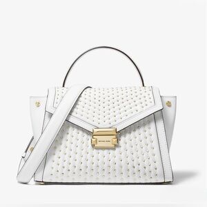 NWT Michael Kors Whitney Medium Studded Leather Satchel Optic White/gold